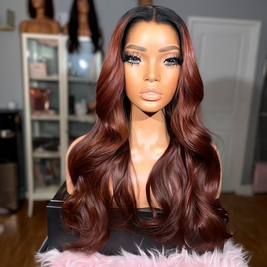 VOGUESTRANDS Reddish Brown 13x6 Skinlike Real HD Lace Front Wig with Dark Root - VOGUESTRANDS