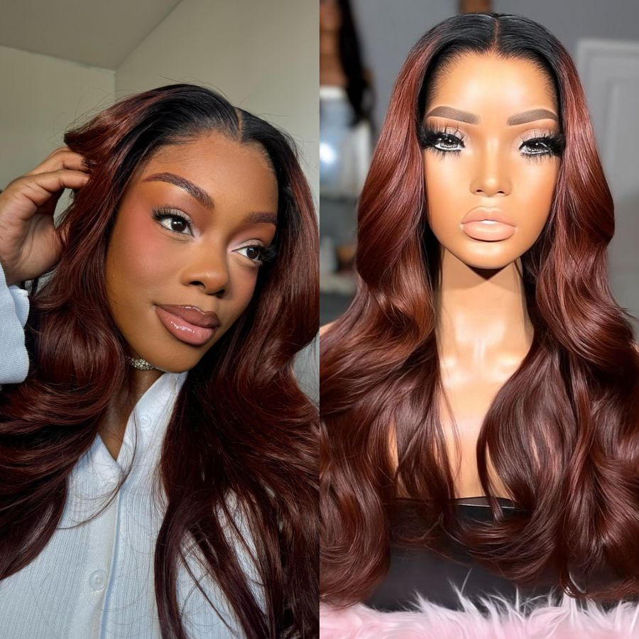 VOGUESTRANDS Reddish Brown 13x6 Skinlike Real HD Lace Front Wig with Dark Root - VOGUESTRANDS